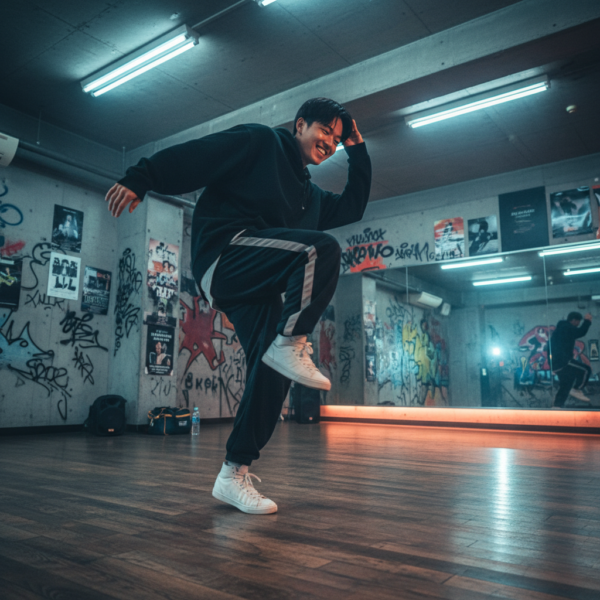 この添付した画像の地下にあるダンススタジオでダンスの練習をしている日本人の若者1人