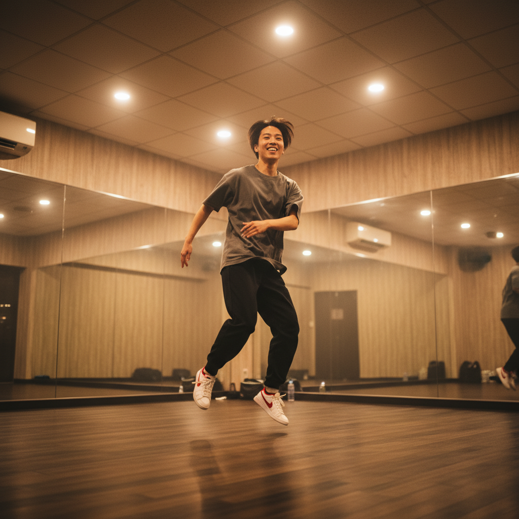 この添付した画像の地下にあるダンススタジオでダンスの練習をしている日本人の若者1人。壁は木目のクロス張り、壁1面は床から天井まで鏡です。　天井の照明はLEDのダウンライト。